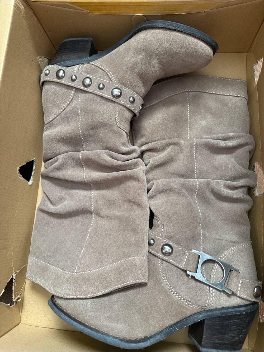 Carlos by Carlos Santana Taupe Suede Studded Mid-Calf Boots